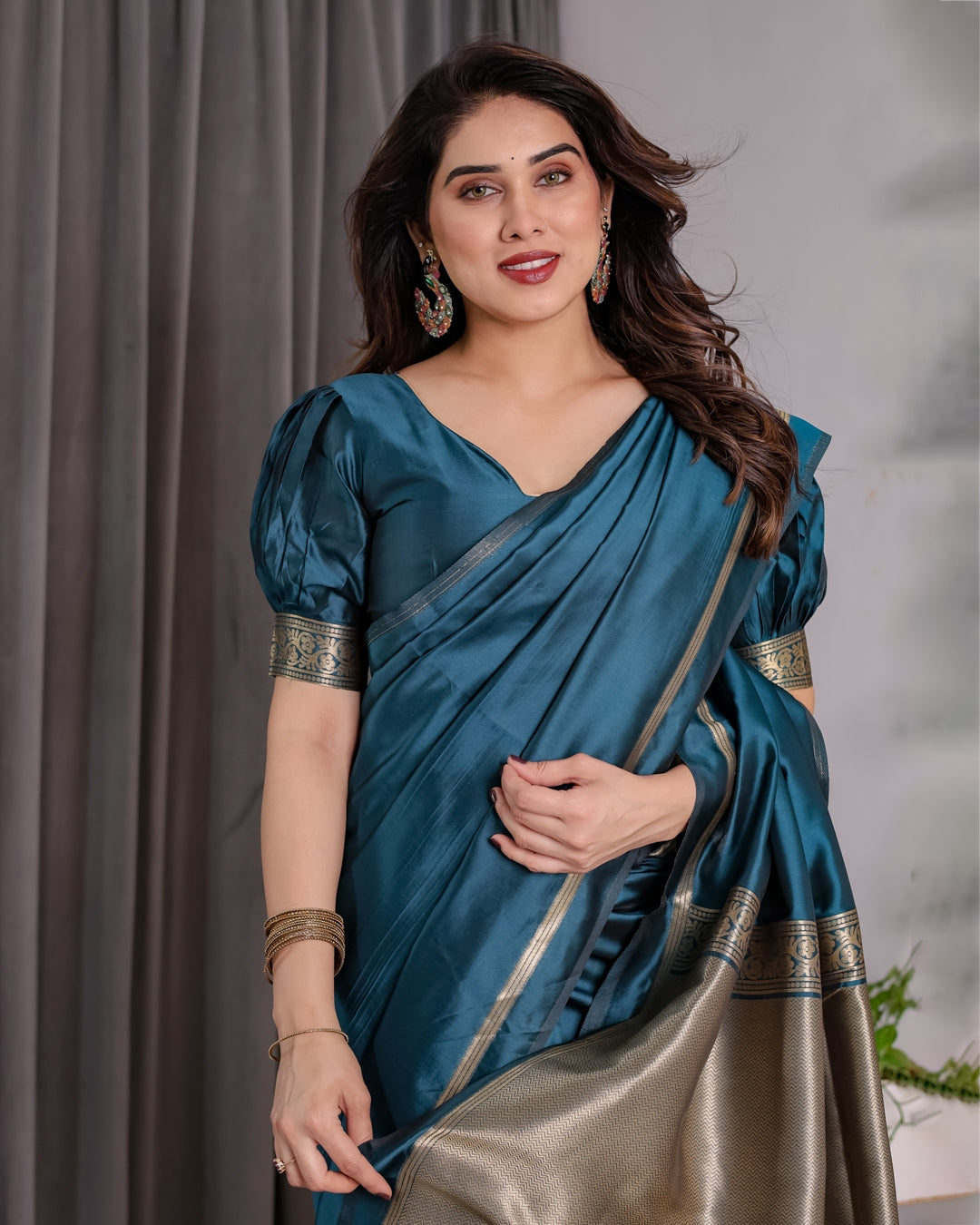 Teal Blue Banarasi Soft Silk Saree With Elegant Zari Border 2