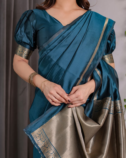 Teal Blue Banarasi Soft Silk Saree With Elegant Zari Border 2