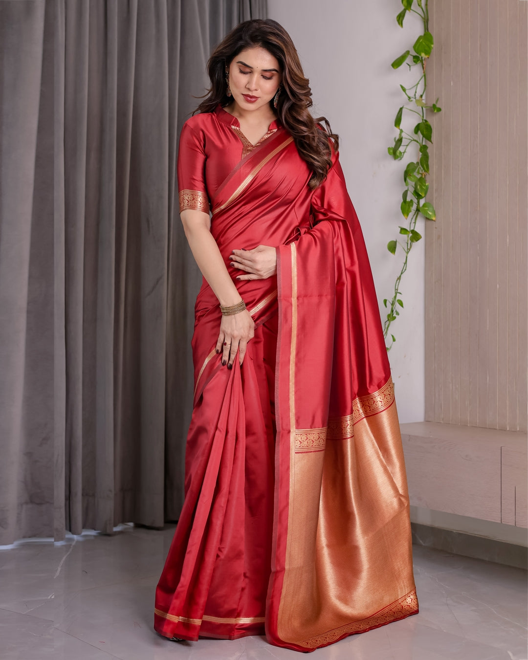 Red Banarasi Soft Silk Saree With Golden Zari Floral Border for Women