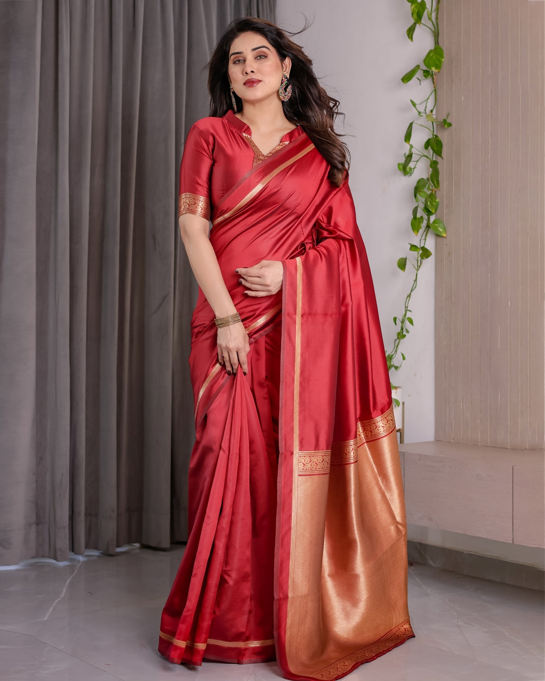 Red Banarasi Soft Silk Saree With Golden Zari Floral Border for Women