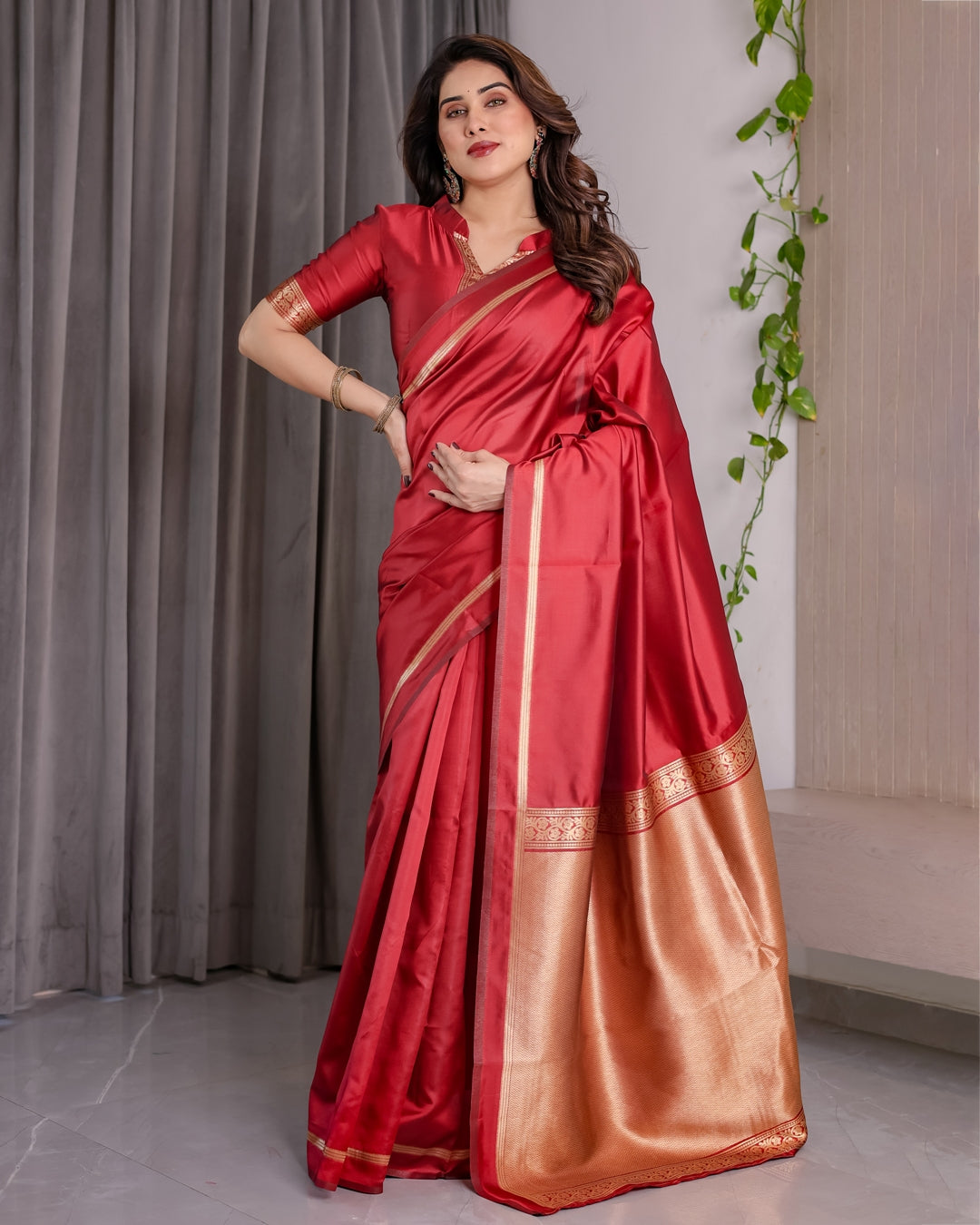 Red Banarasi Soft Silk Saree With Golden Zari Floral Border for Women