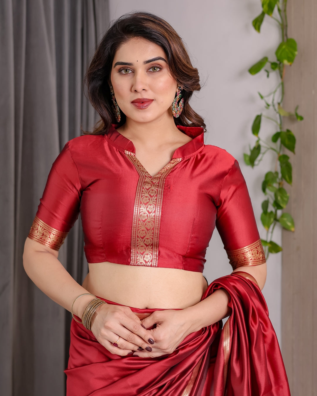 Red Banarasi Soft Silk Saree With Golden Zari Floral Border for Women