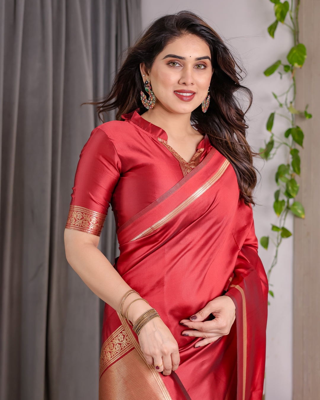 Red Banarasi Soft Silk Saree With Golden Zari Floral Border for Women