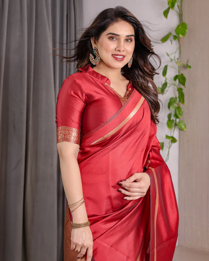 Red Banarasi Soft Silk Saree With Golden Zari Floral Border for Women