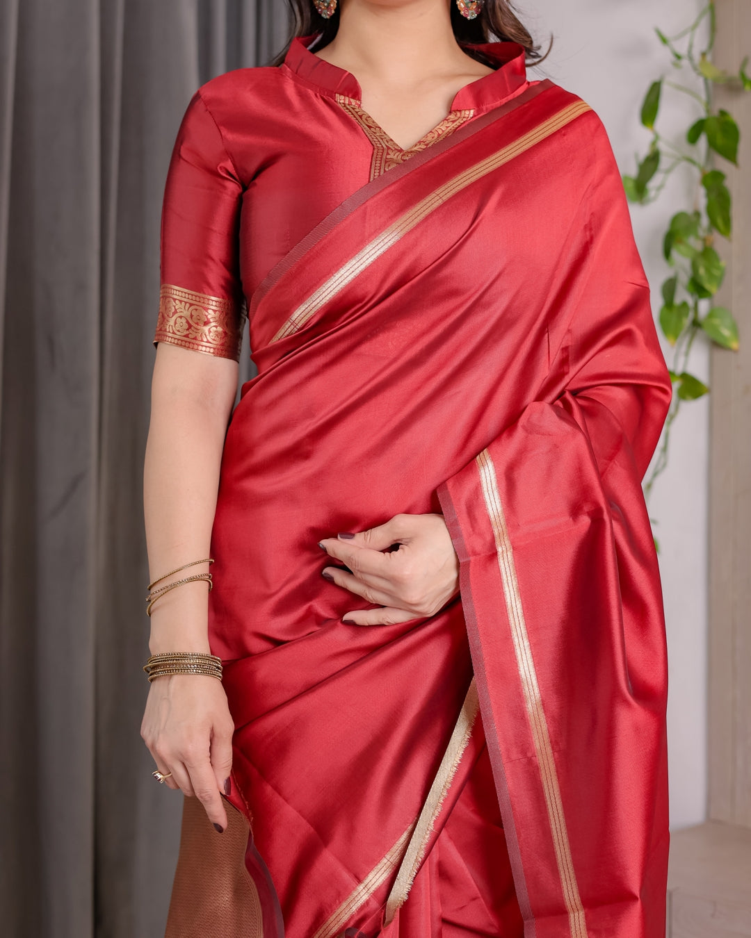 Red Banarasi Soft Silk Saree With Golden Zari Floral Border for Women