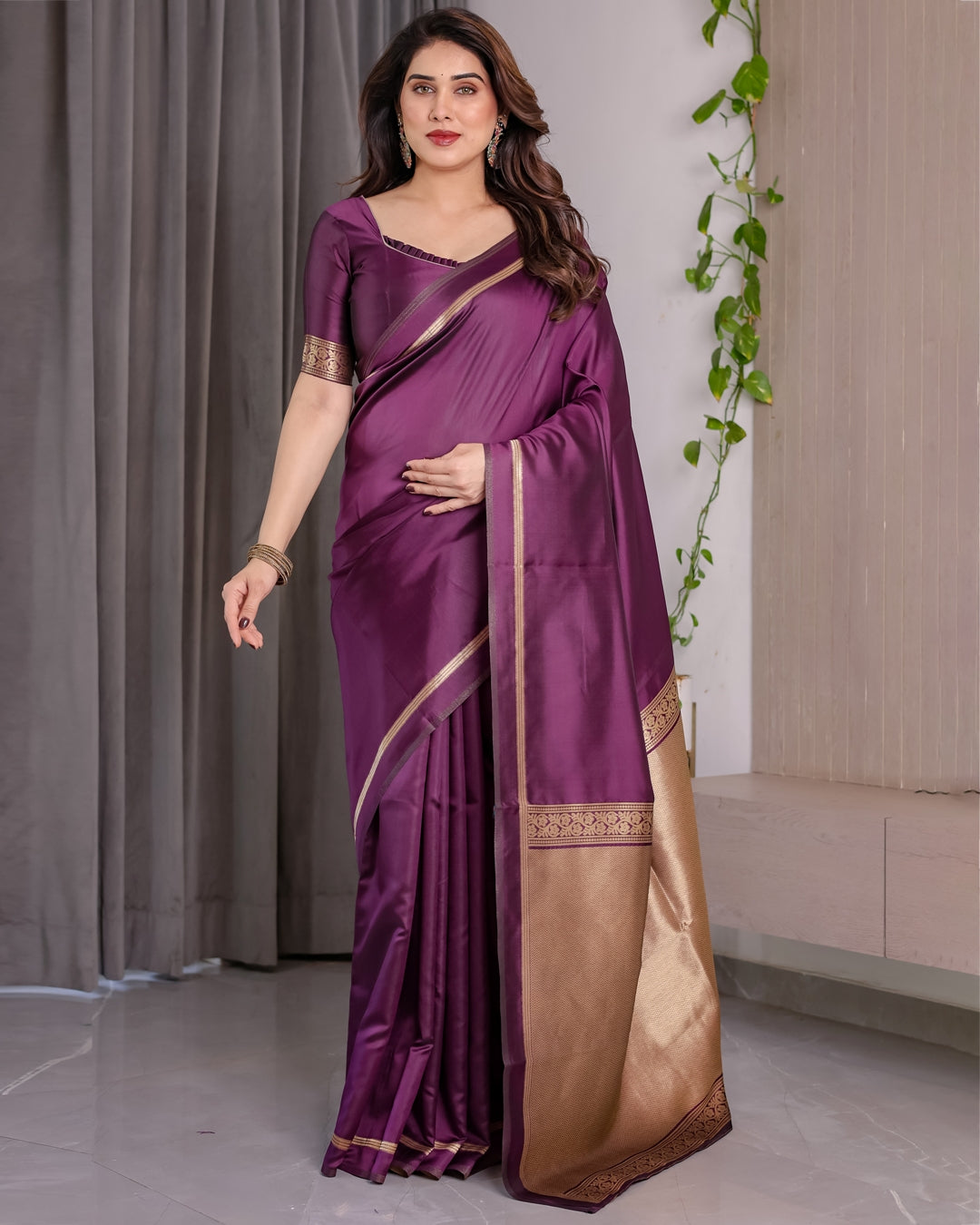 Royal Plum Banarasi Soft Silk Saree With Golden Zari Border for Women