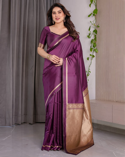 Royal Plum Banarasi Soft Silk Saree With Golden Zari Border for Women