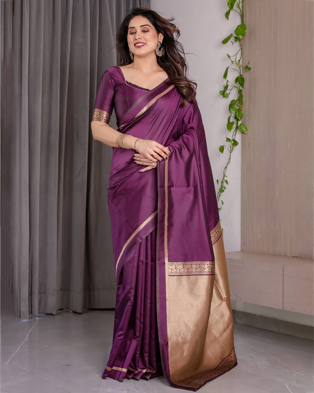 Royal Plum Banarasi Soft Silk Saree With Golden Zari Border for Women