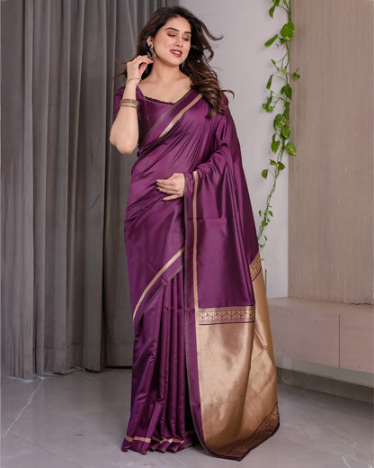 Royal Plum Banarasi Soft Silk Saree With Golden Zari Border for Women