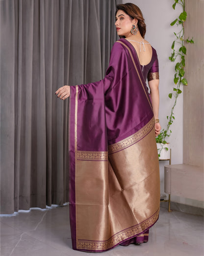 Royal Plum Banarasi Soft Silk Saree With Golden Zari Border for Women