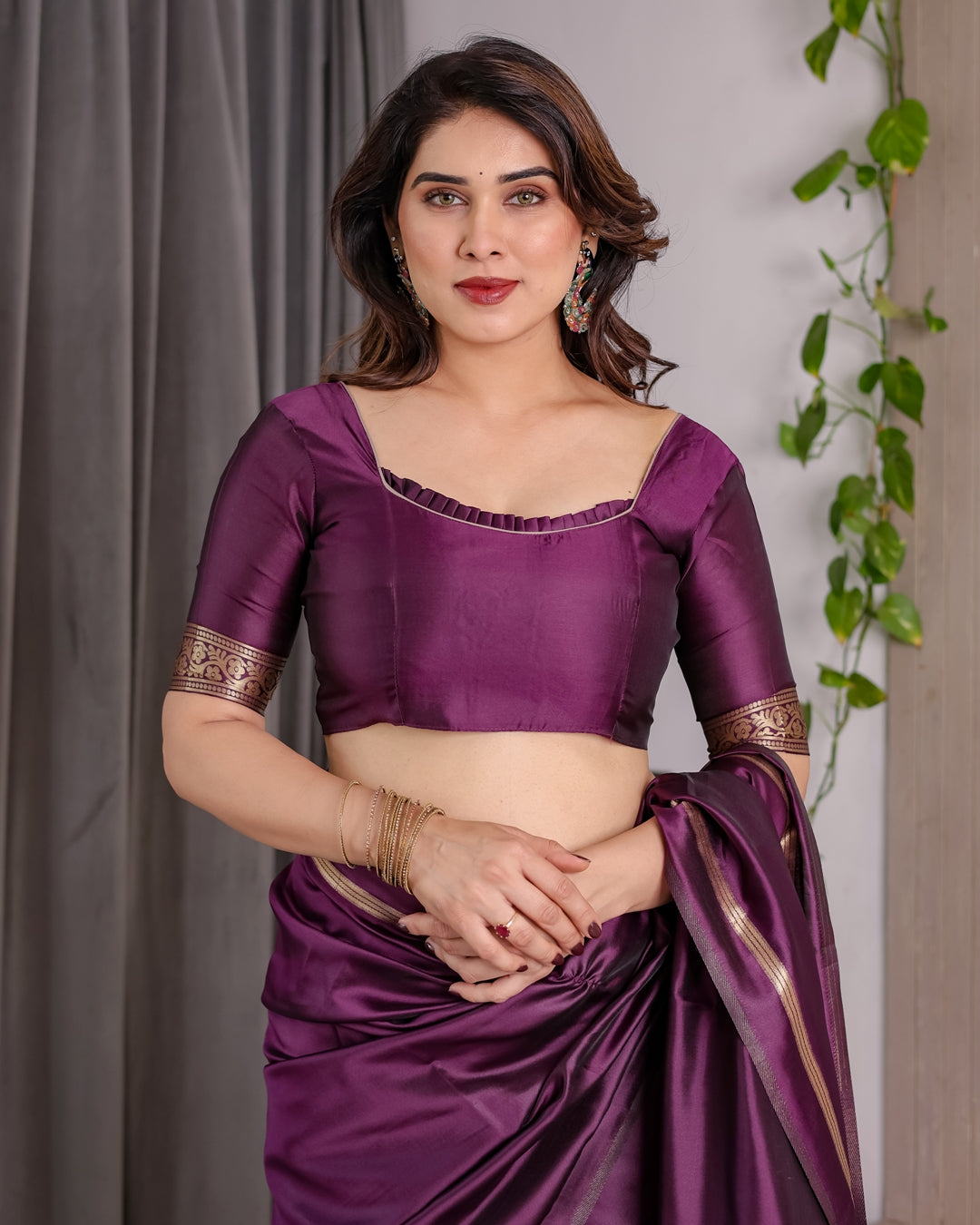 Royal Plum Banarasi Soft Silk Saree With Golden Zari Border for Women