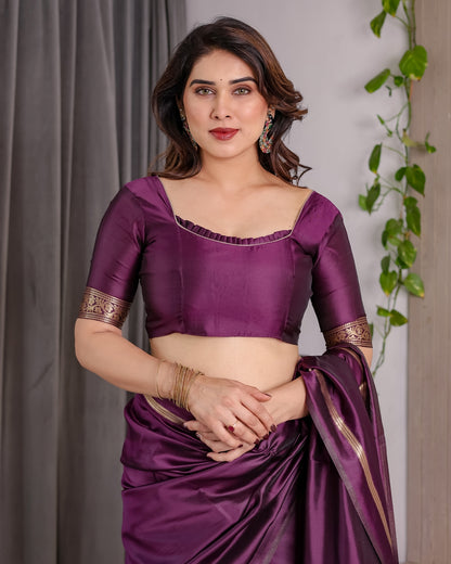 Royal Plum Banarasi Soft Silk Saree With Golden Zari Border for Women