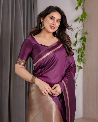Royal Plum Banarasi Soft Silk Saree With Golden Zari Border for Women