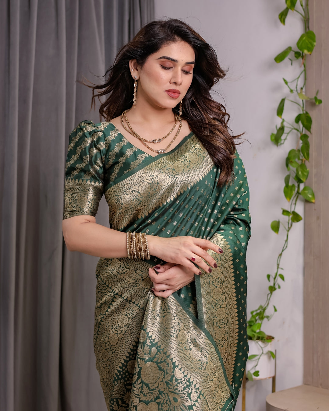 Deep Green Banarasi Soft Silk Saree with Zari Floral Border for Women