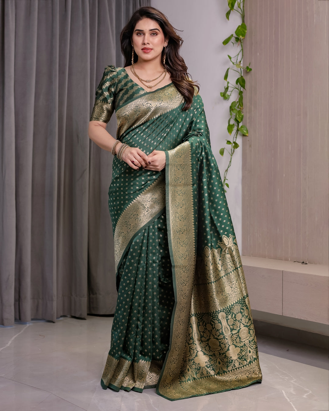 Deep Green Banarasi Soft Silk Saree with Zari Floral Border for Women