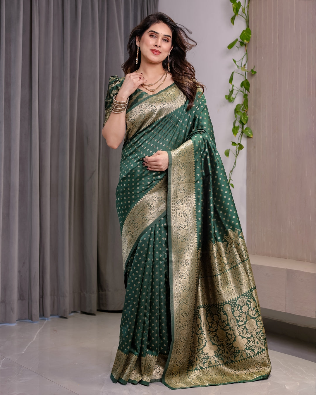 Deep Green Banarasi Soft Silk Saree with Zari Floral Border for Women