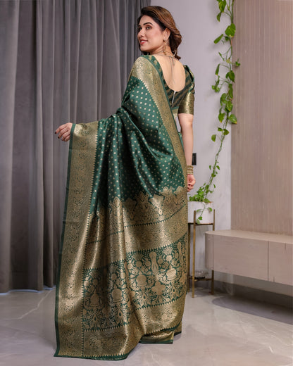 Deep Green Banarasi Soft Silk Saree with Zari Floral Border for Women