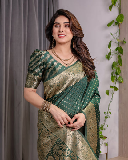 Deep Green Banarasi Soft Silk Saree with Zari Floral Border for Women