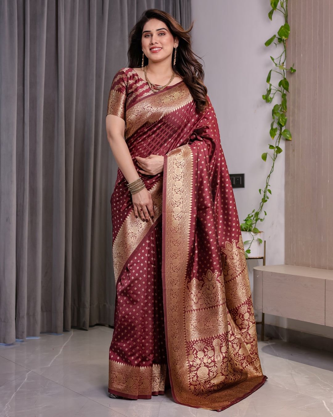 Maroon Banarasi Soft Silk Saree with Golden Zari Border 3 for Women