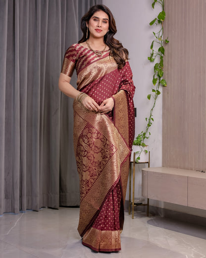 Maroon Banarasi Soft Silk Saree with Golden Zari Border 3 for Women