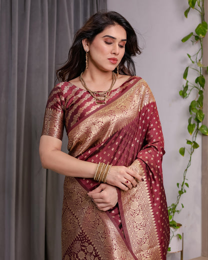 Maroon Banarasi Soft Silk Saree with Golden Zari Border 3 for Women
