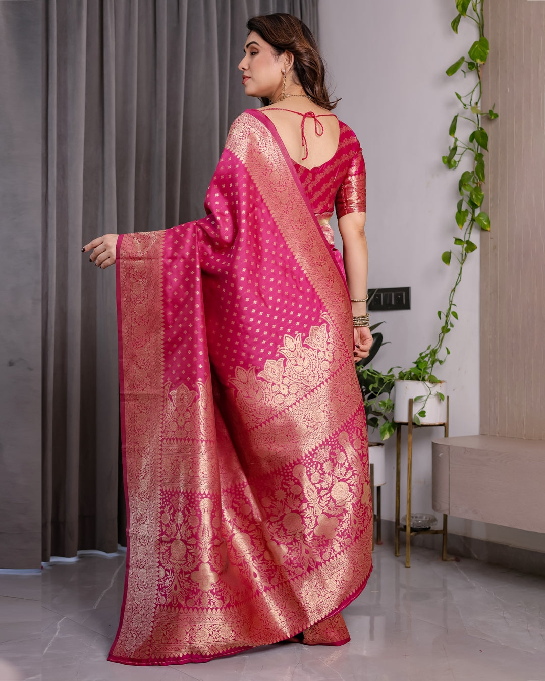 Rani Pink Banarasi Soft Silk Saree With Golden Zari Border for Women