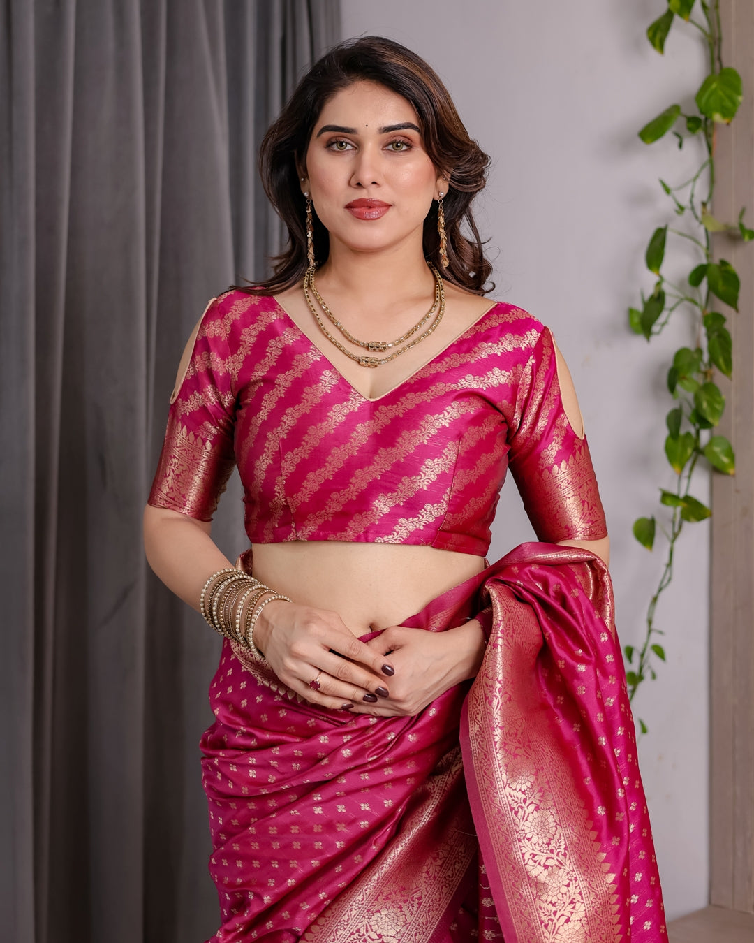 Rani Pink Banarasi Soft Silk Saree With Golden Zari Border for Women