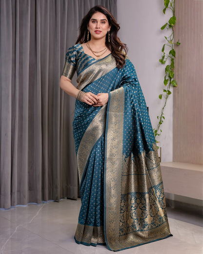 Teal Blue Banarasi Soft Silk Saree With Golden Zari Borders for Women