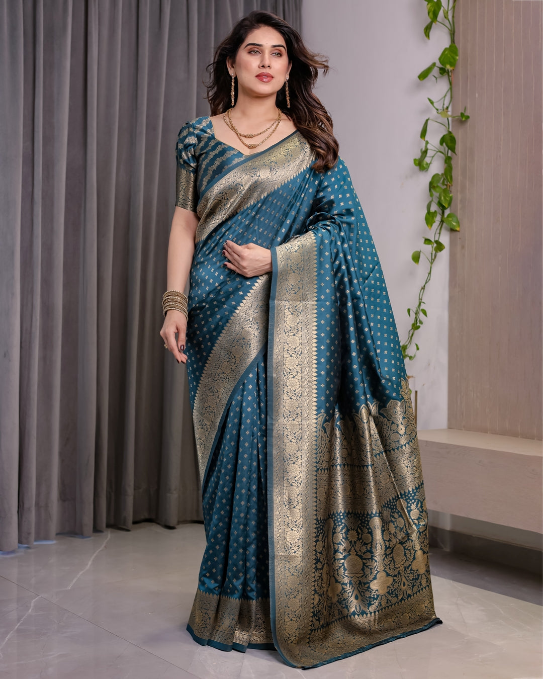 Teal Blue Banarasi Soft Silk Saree With Golden Zari Borders for Women