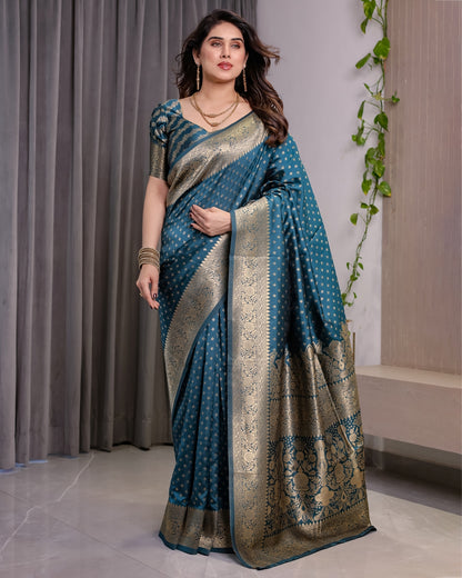 Teal Blue Banarasi Soft Silk Saree With Golden Zari Borders for Women