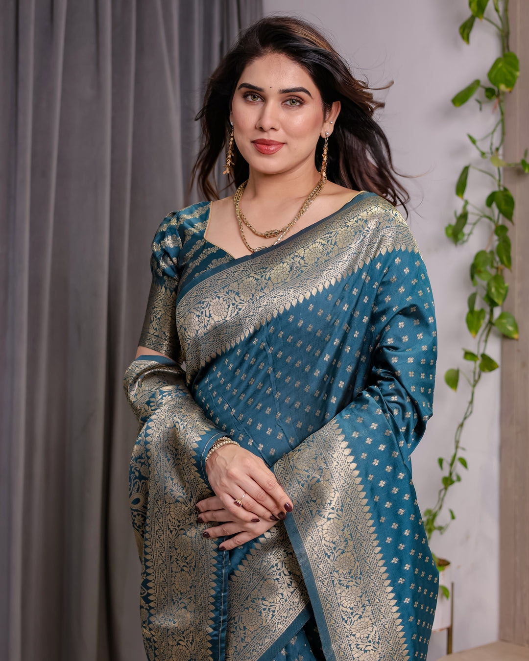 Teal Blue Banarasi Soft Silk Saree With Golden Zari Borders for Women