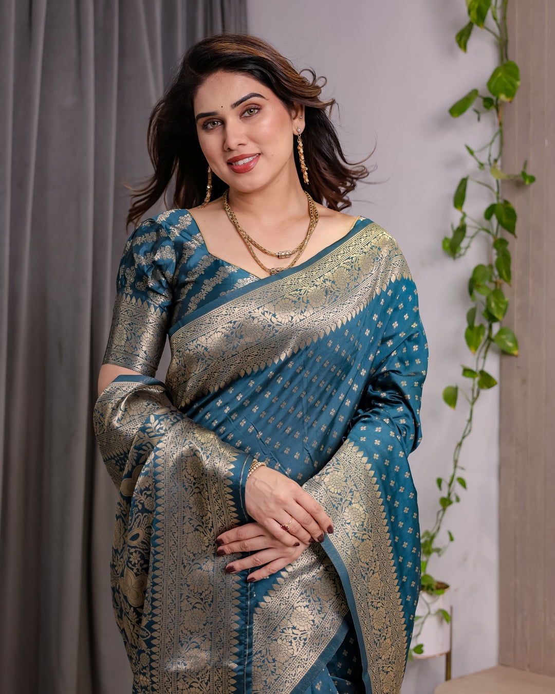 Teal Blue Banarasi Soft Silk Saree With Golden Zari Borders for Women