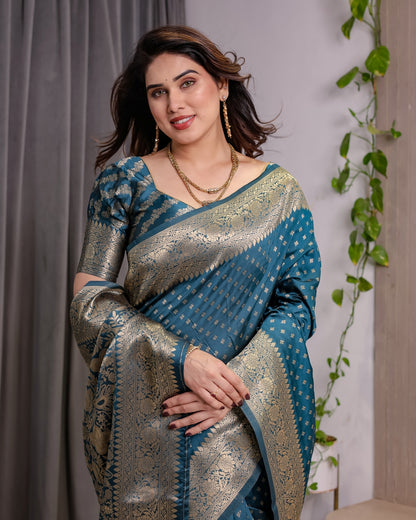 Teal Blue Banarasi Soft Silk Saree With Golden Zari Borders for Women
