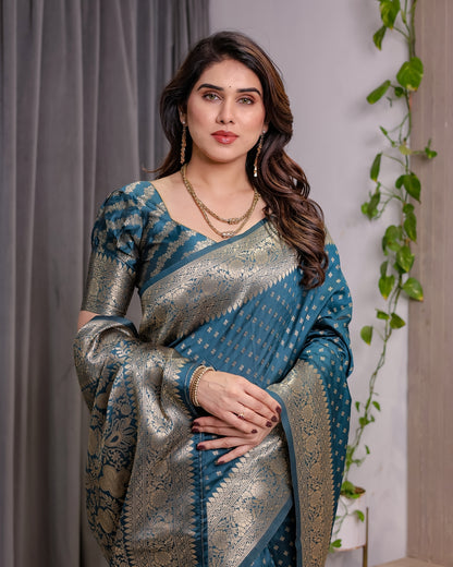 Teal Blue Banarasi Soft Silk Saree With Golden Zari Borders for Women