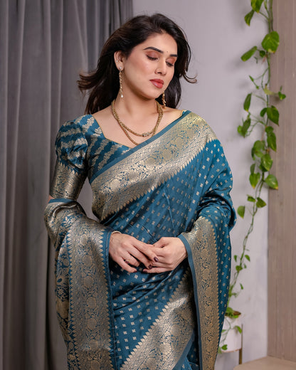 Teal Blue Banarasi Soft Silk Saree With Golden Zari Borders for Women