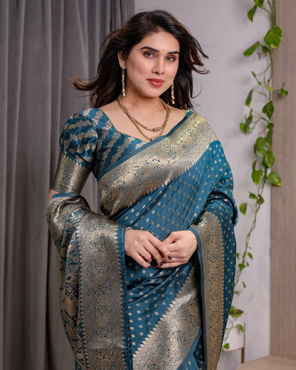 Teal Blue Banarasi Soft Silk Saree With Golden Zari Borders for Women