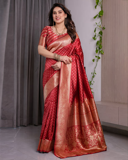 Red Banarasi Soft Silk Saree With Golden Floral Zari Border for Women
