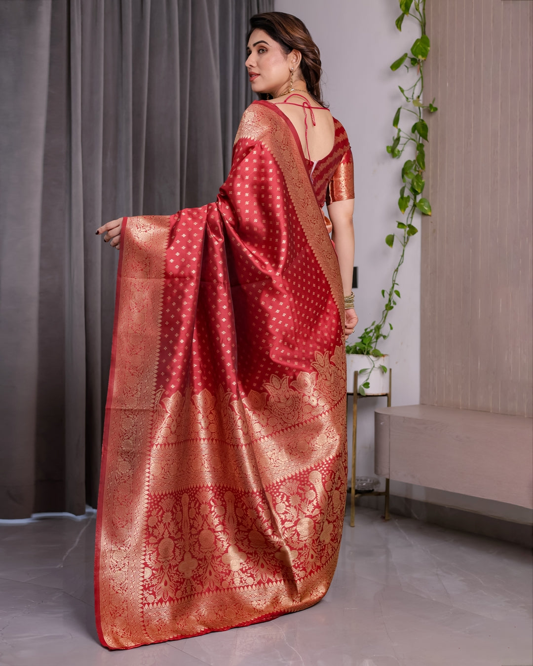 Red Banarasi Soft Silk Saree With Golden Floral Zari Border for Women