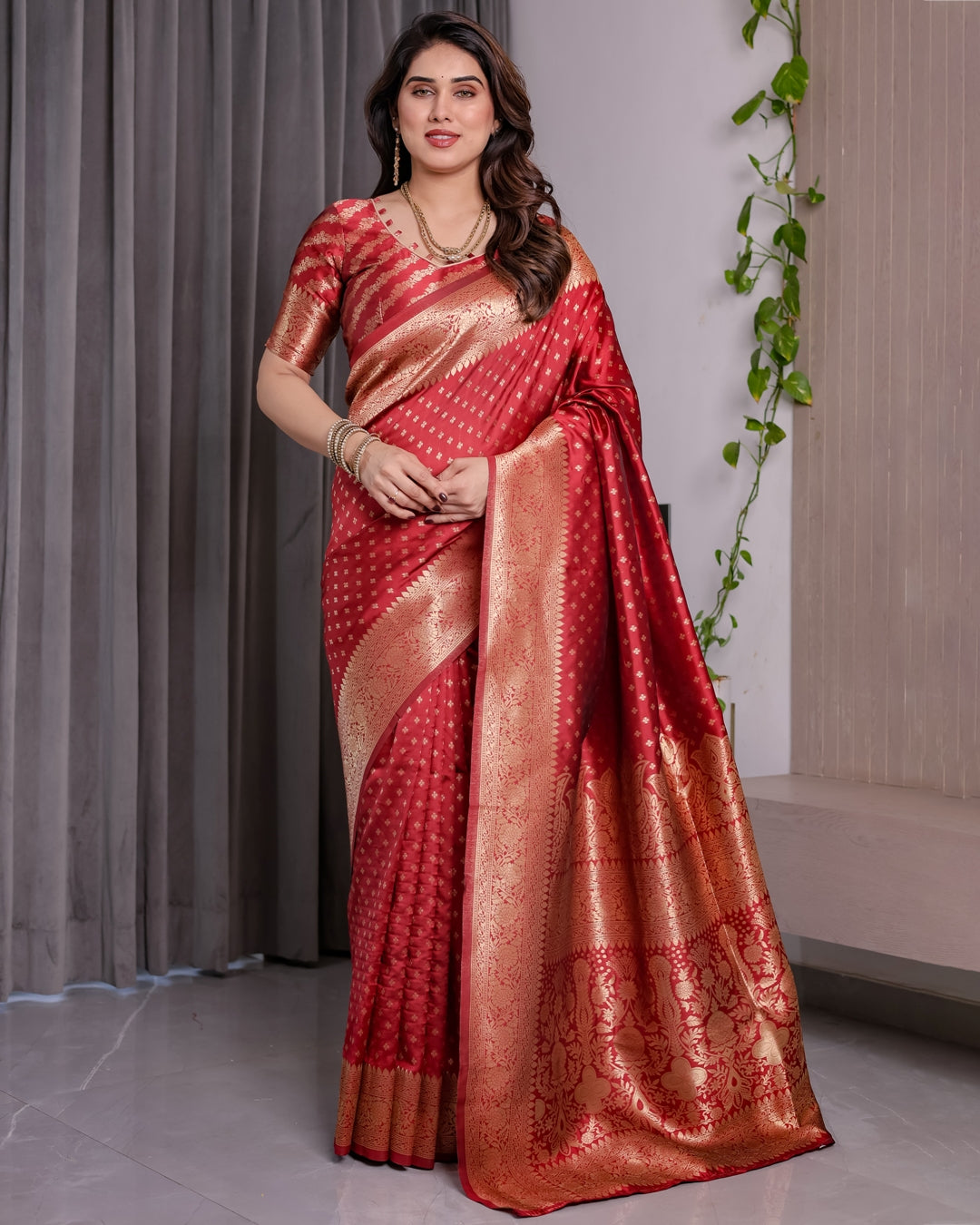 Red Banarasi Soft Silk Saree With Golden Floral Zari Border for Women