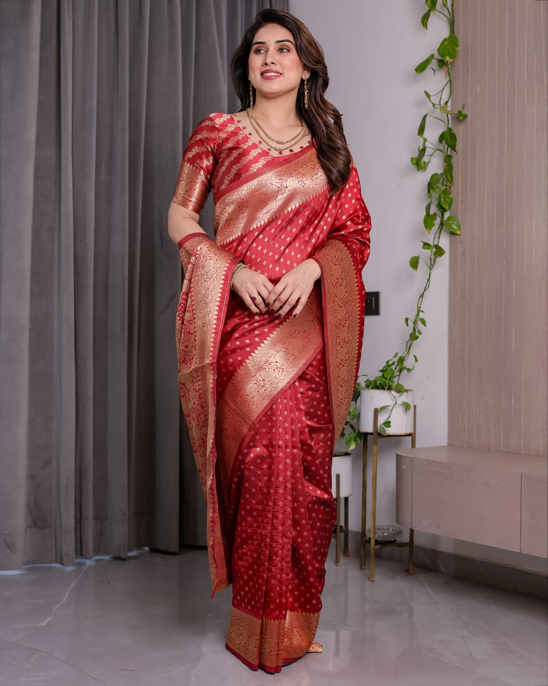 Red Banarasi Soft Silk Saree With Golden Floral Zari Border for Women