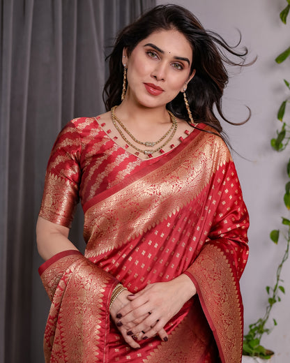 Red Banarasi Soft Silk Saree With Golden Floral Zari Border for Women