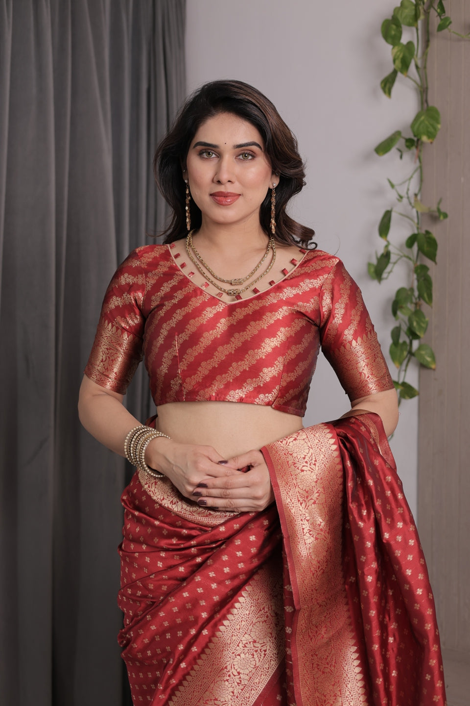 Red Banarasi Soft Silk Saree With Golden Floral Zari Border for Women