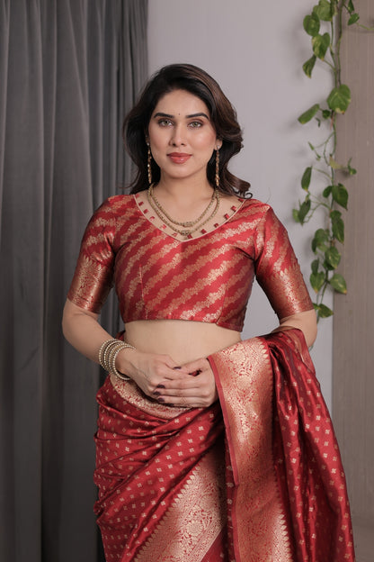 Red Banarasi Soft Silk Saree With Golden Floral Zari Border for Women
