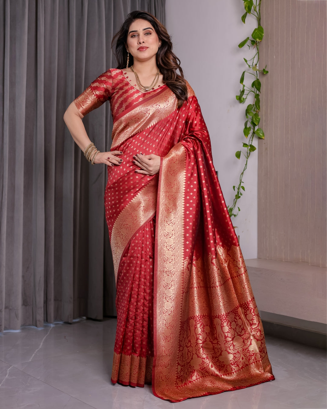 Red Banarasi Soft Silk Saree With Golden Floral Zari Border for Women