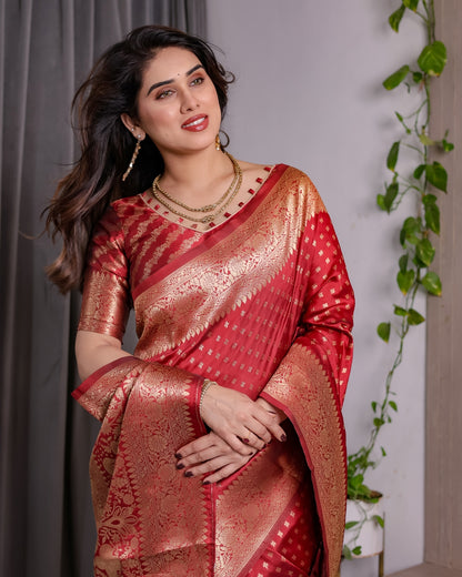 Red Banarasi Soft Silk Saree With Golden Floral Zari Border for Women