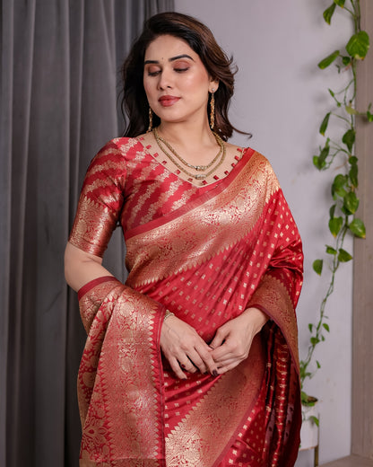 Red Banarasi Soft Silk Saree With Golden Floral Zari Border for Women
