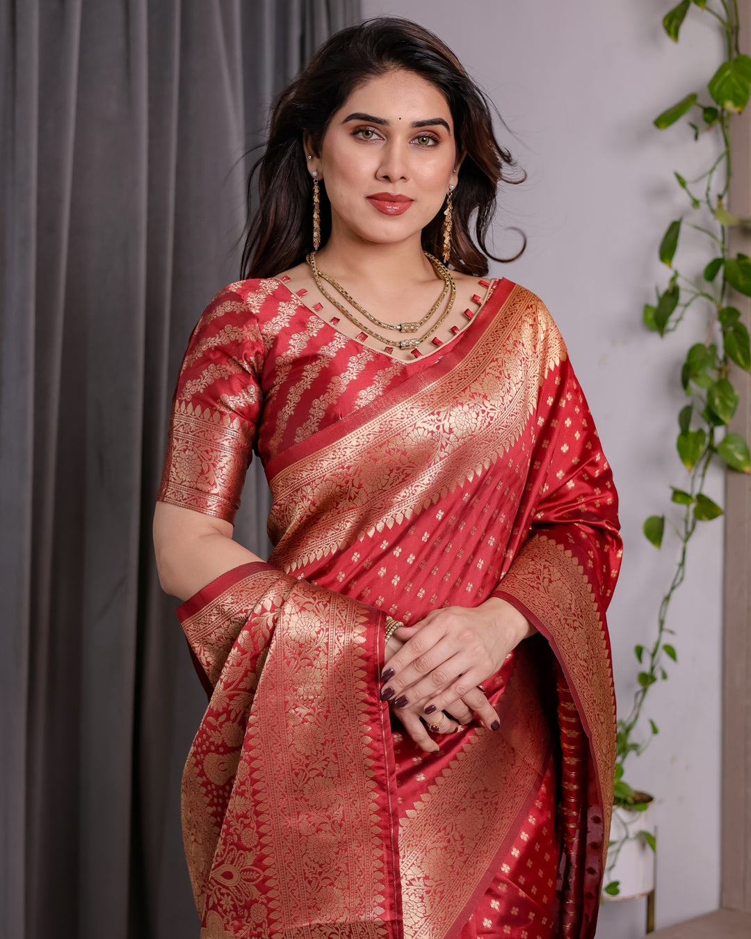Red Banarasi Soft Silk Saree With Golden Floral Zari Border for Women