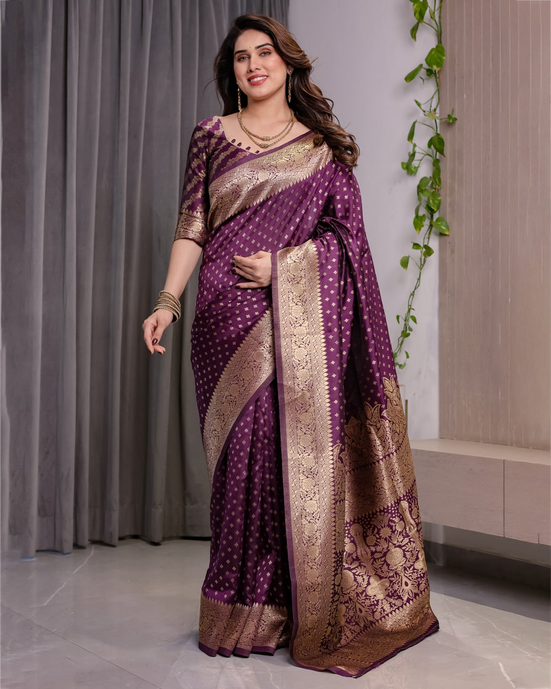 Rich Purple Banarasi Soft Silk Saree With Gold Zari Borders for Women