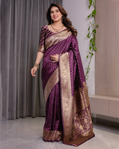 Rich Purple Banarasi Soft Silk Saree With Gold Zari Borders for Women