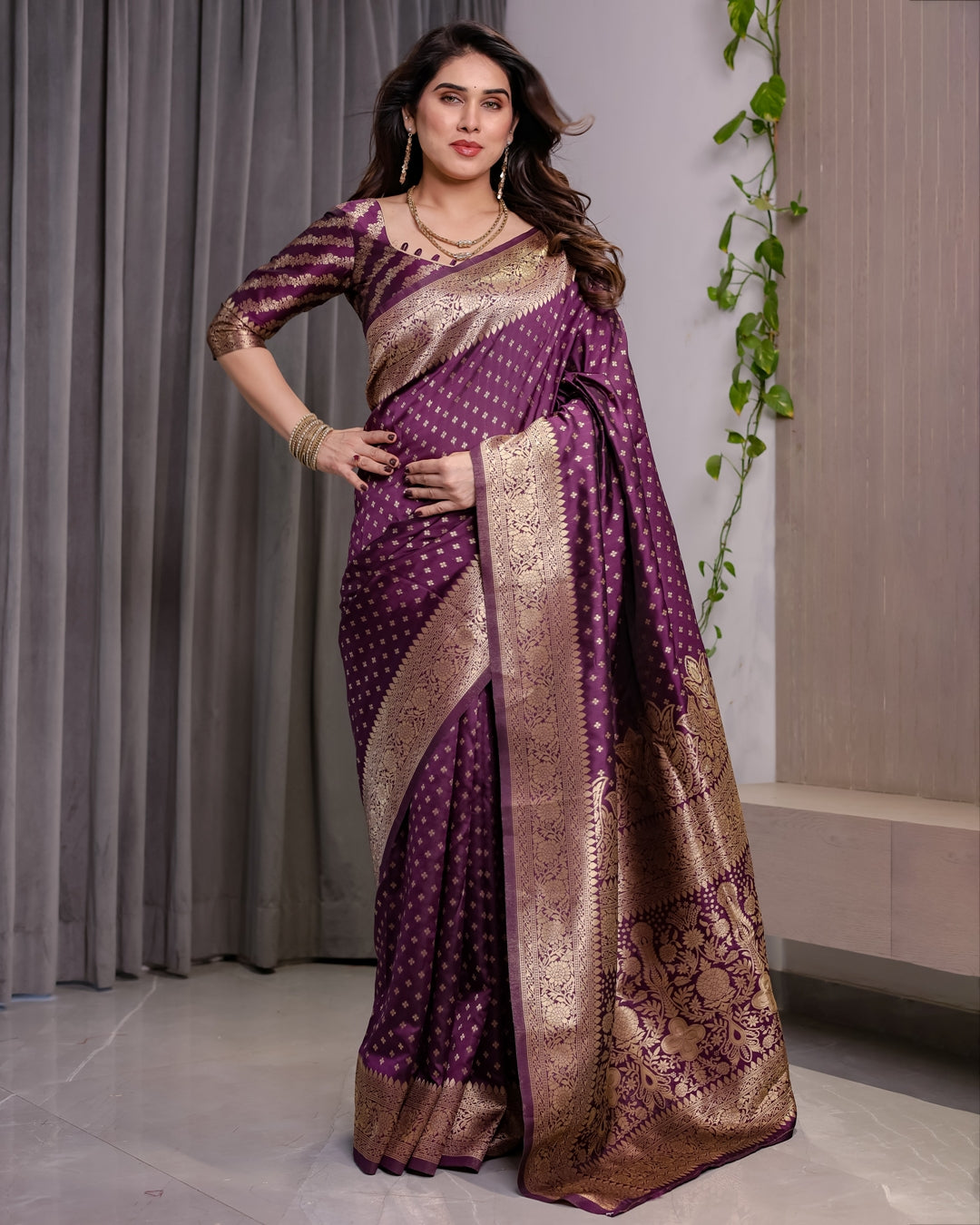 Rich Purple Banarasi Soft Silk Saree With Gold Zari Borders for Women